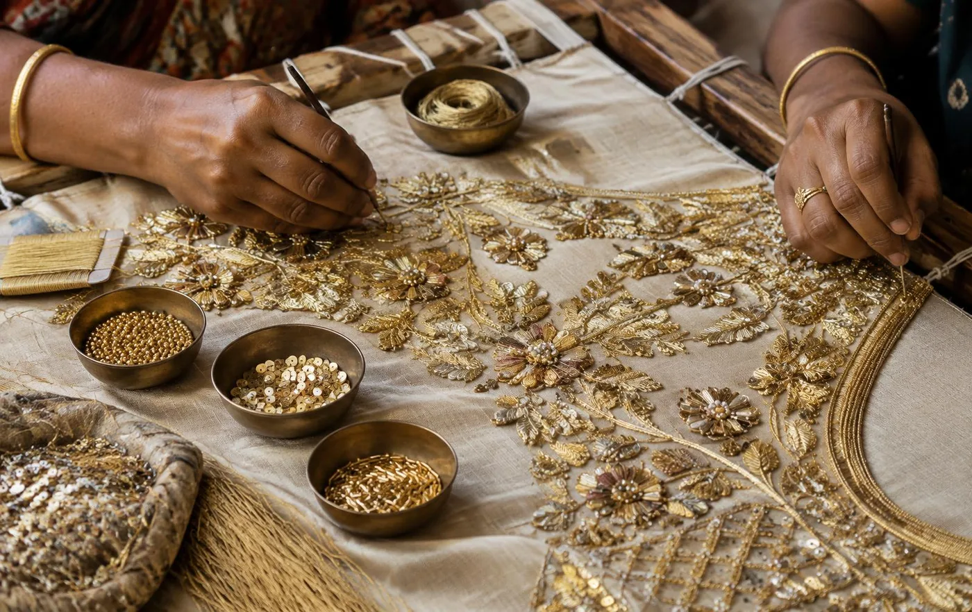 Artisans working zardozi embroidery on a wooden adda frame