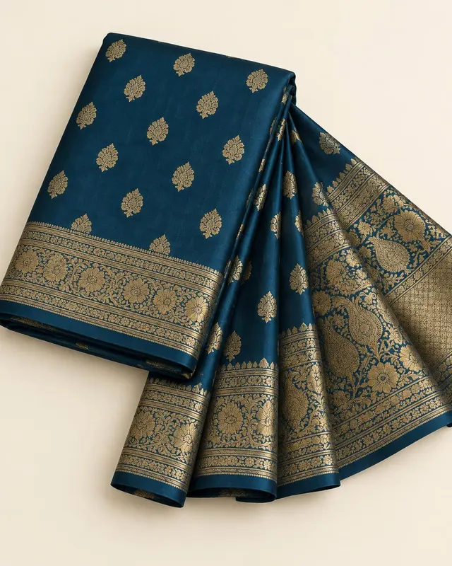 Deep teal woven fabric with gold zari buta motifs and broad woven border