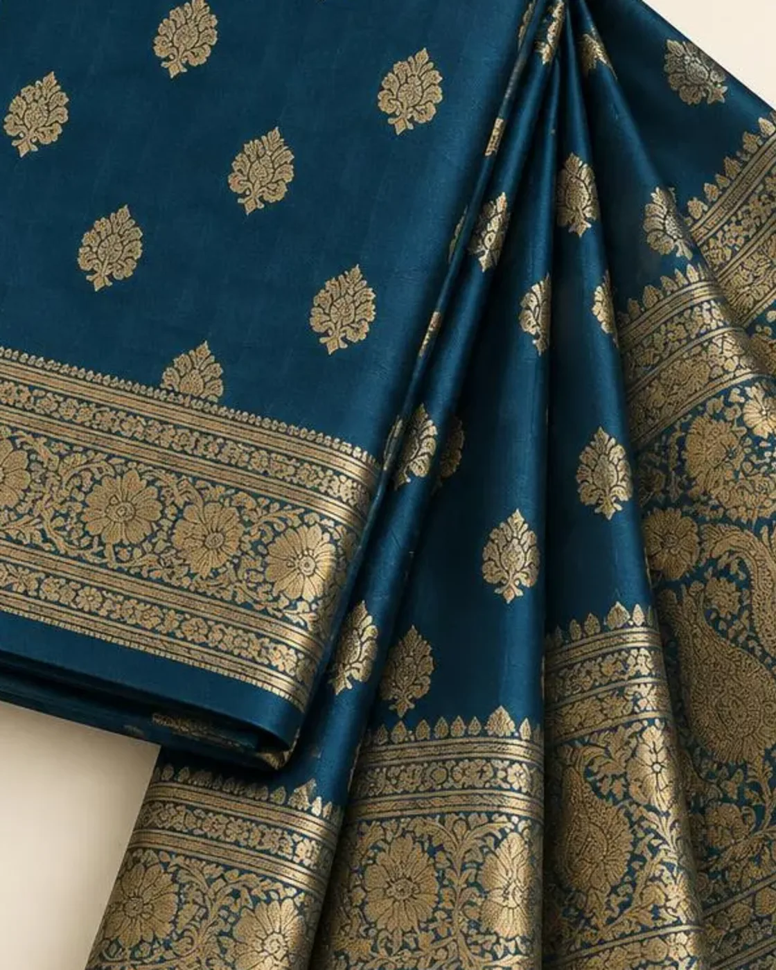 Close-up of gold zari buta woven into teal fabric