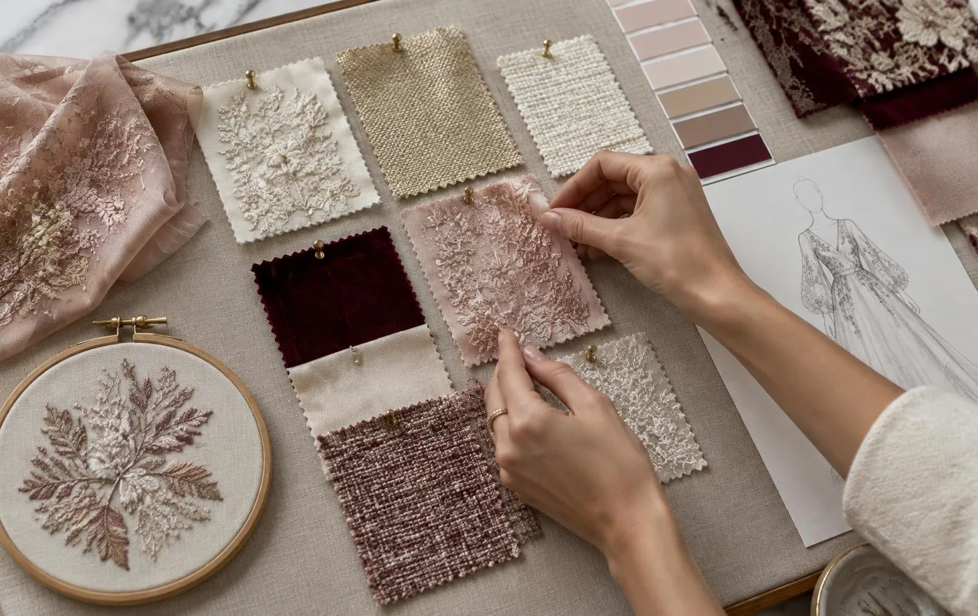 Designer pinning embroidered and woven swatches to a mood board beside colour chips