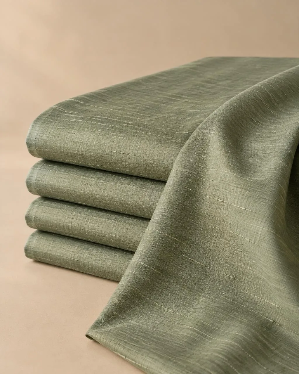 Sage green slub-textured fabric folded in a stack