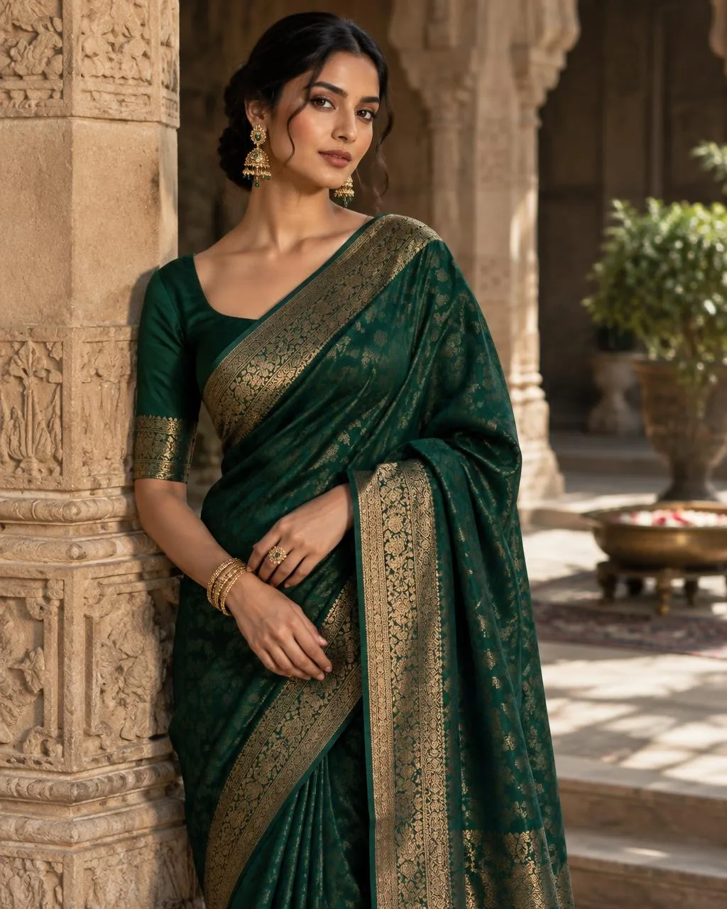 Model in an emerald jacquard saree with gold border beside a carved pillar