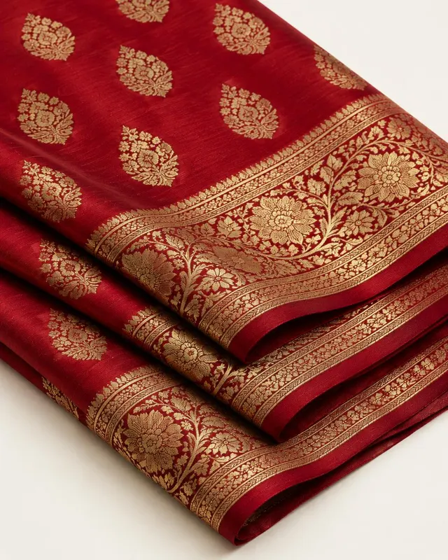 Crimson woven brocade fabric with gold zari buta motifs and ornate border