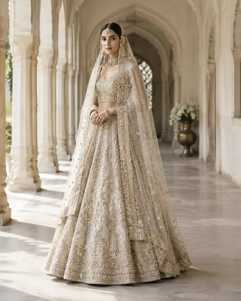 Model in an ivory and champagne embroidered bridal lehenga in a heritage corridor