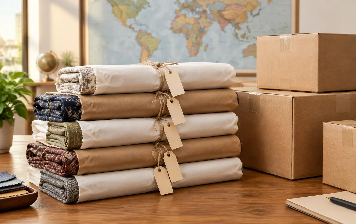 Fabric bolts wrapped in tissue and kraft paper beside export cartons