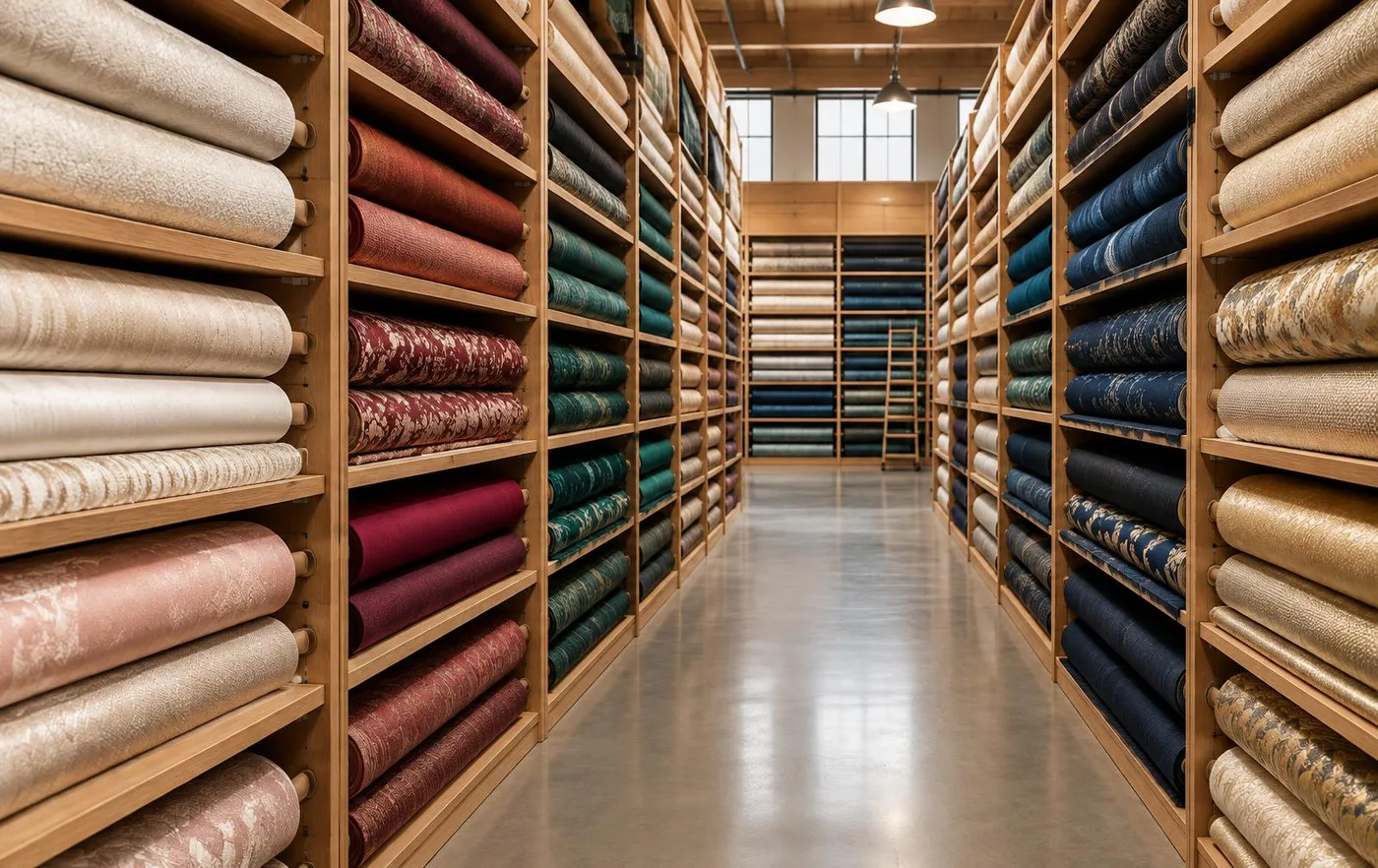 Shelves of rolled designer fabric bolts in ivory, burgundy, emerald and navy