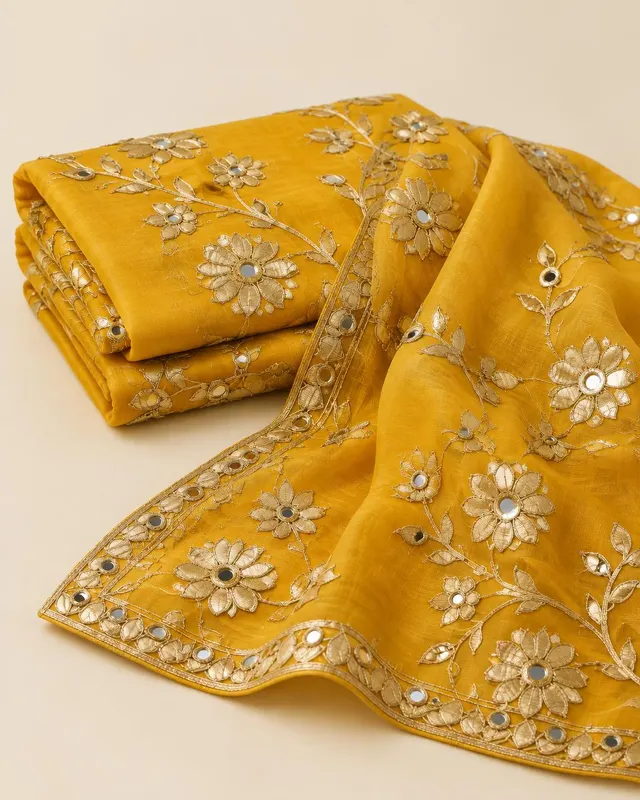 Marigold yellow chanderi fabric with gold gota patti floral work and mirrors