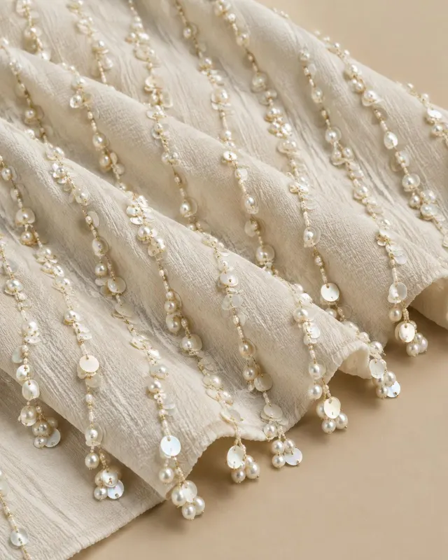 Ivory crinkle crepe fabric with cascading pearl tassel embellishment