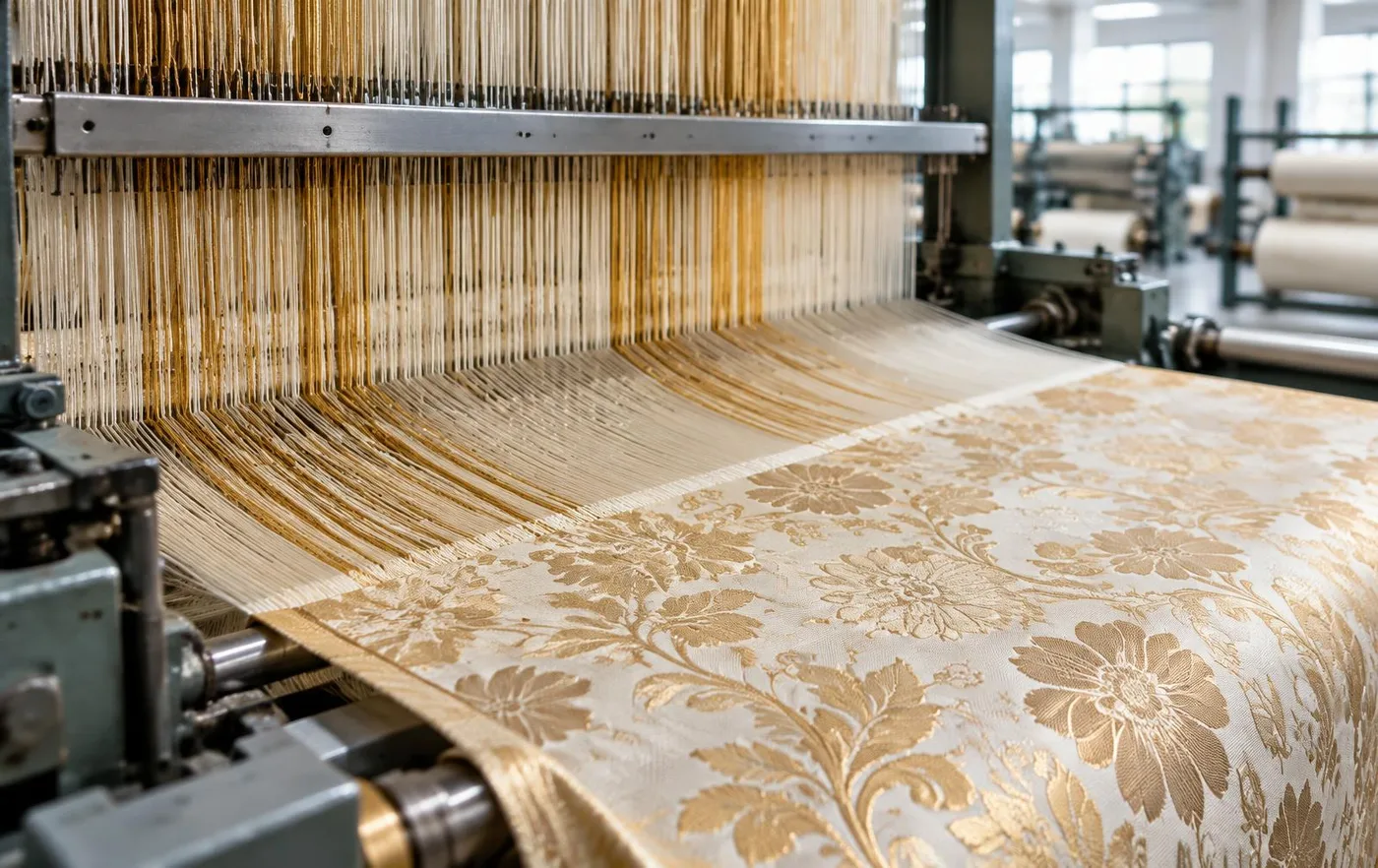 Jacquard loom weaving ivory and gold floral brocade