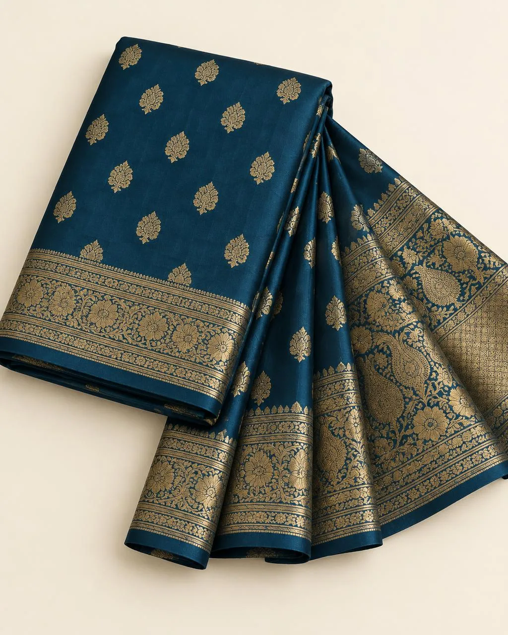 Teal woven fabric with gold zari buta motifs and a broad woven border