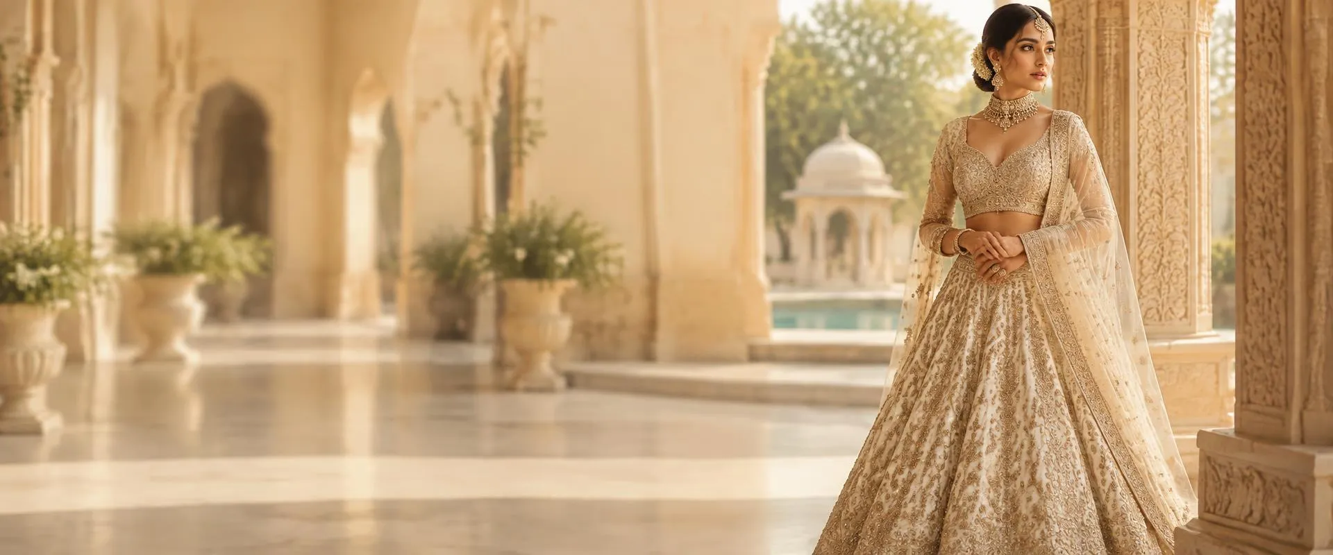 Bride in an ivory embroidered lehenga standing in a sunlit palace courtyard