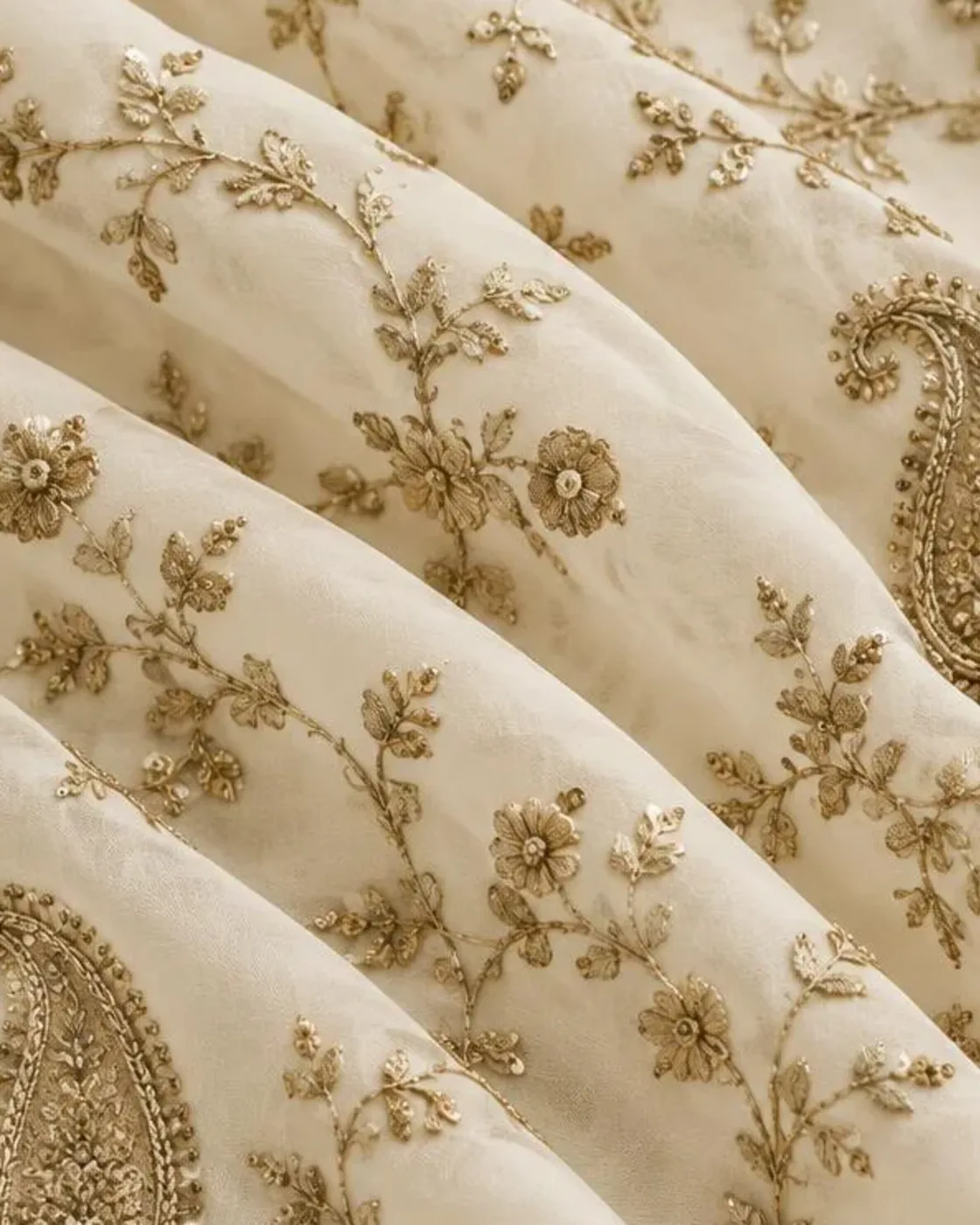 Close-up of antique-gold zardozi paisley embroidery on ivory organza