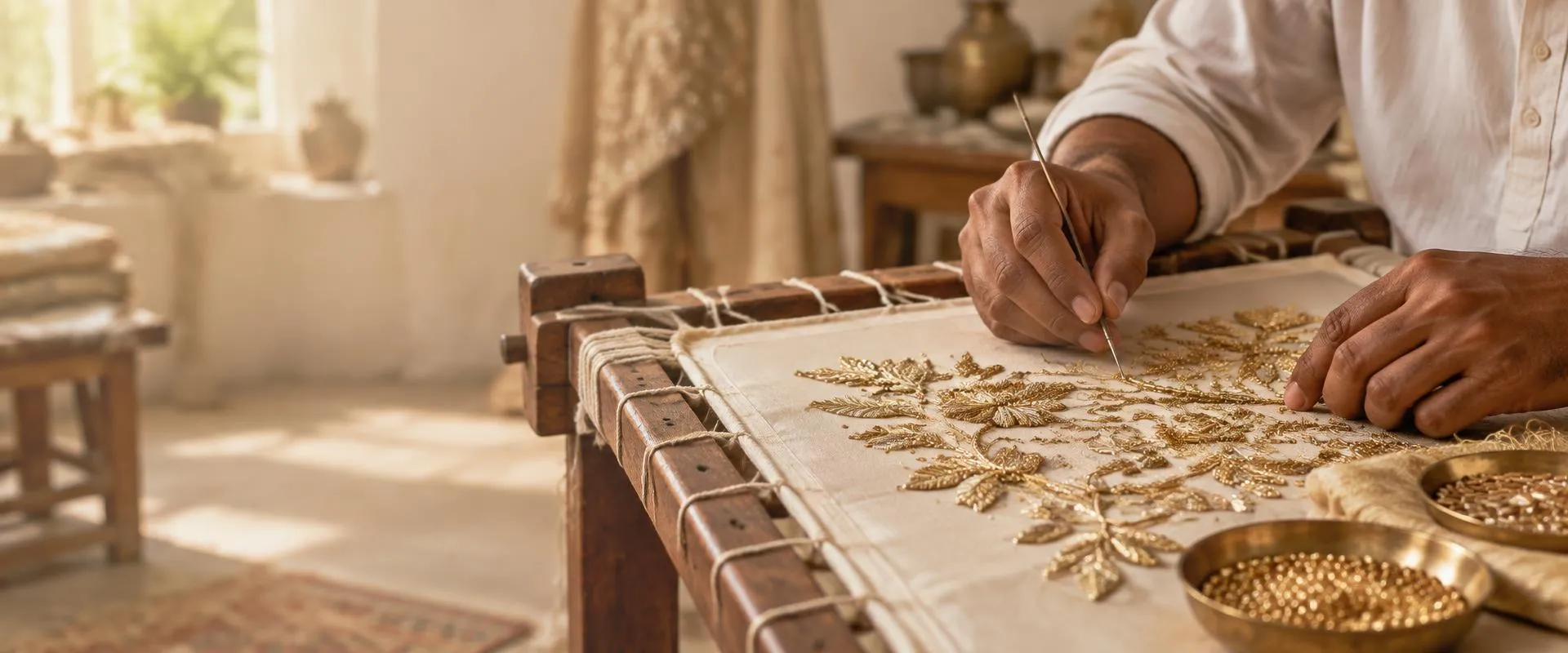 Artisan working gold metal-thread embroidery on ivory fabric
