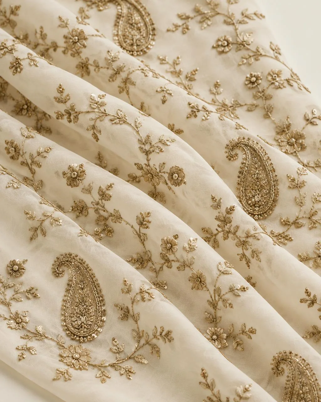Ivory fabric with antique-gold zardozi paisley and floral vine embroidery