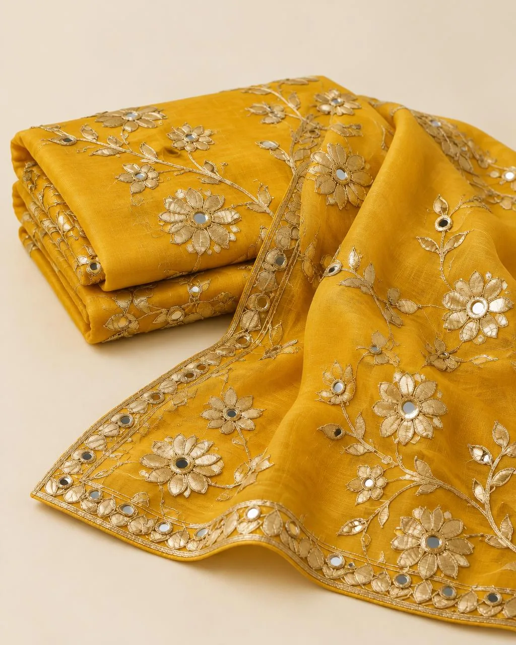 Marigold chanderi with gold gota patti florals and mirrors