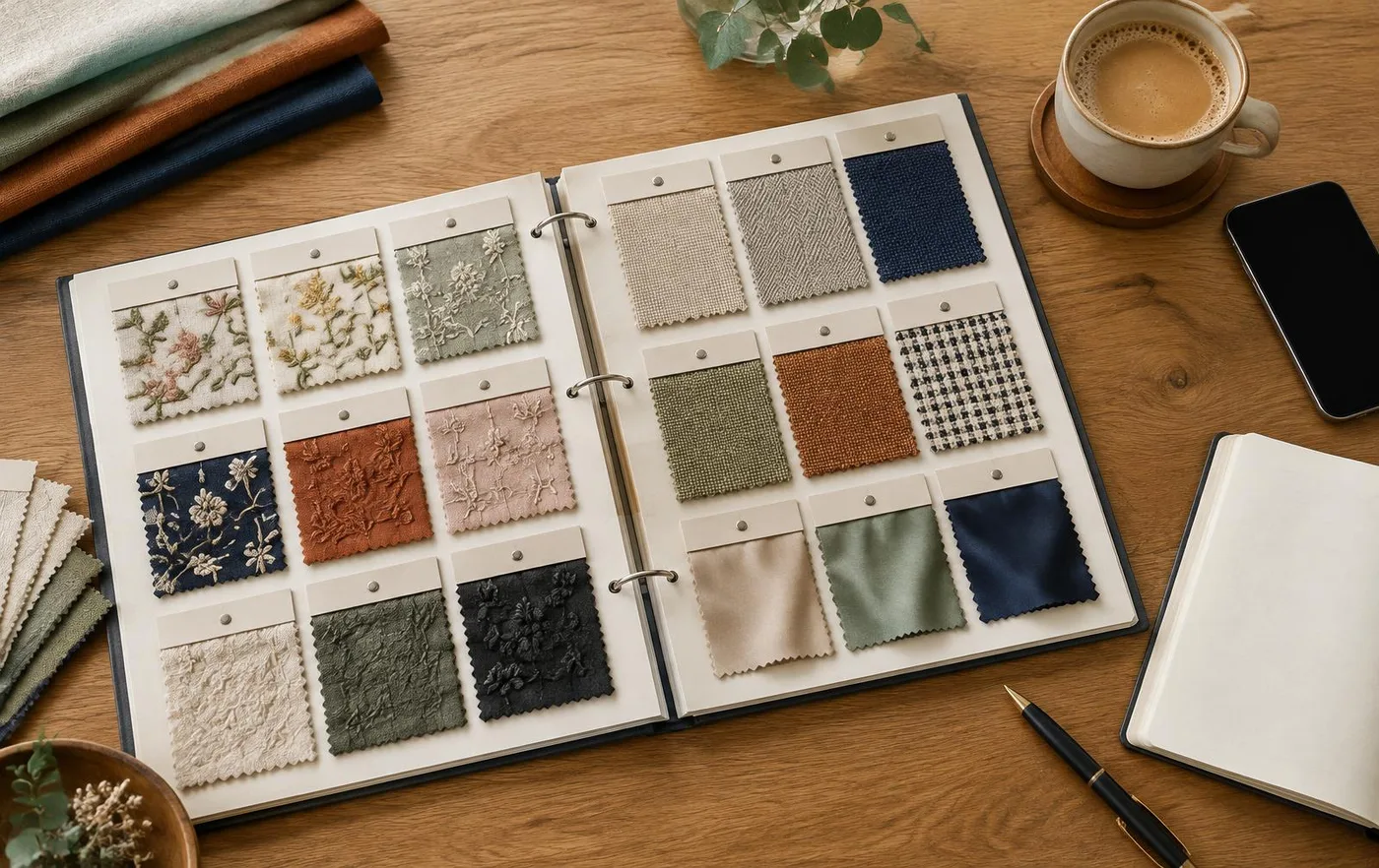 Open fabric swatch book beside a notebook and a cup of chai