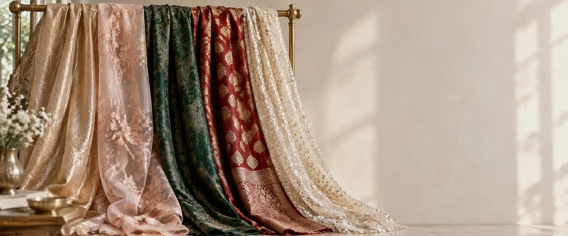 Lengths of champagne tissue, blush embroidered net and emerald jacquard fabric draped on a brass rail