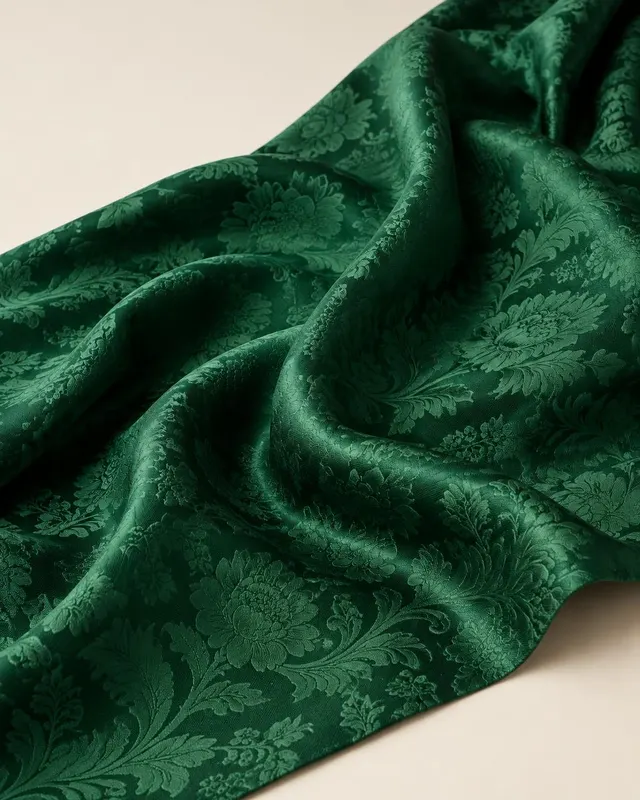 Emerald green jacquard fabric with tone-on-tone damask floral pattern