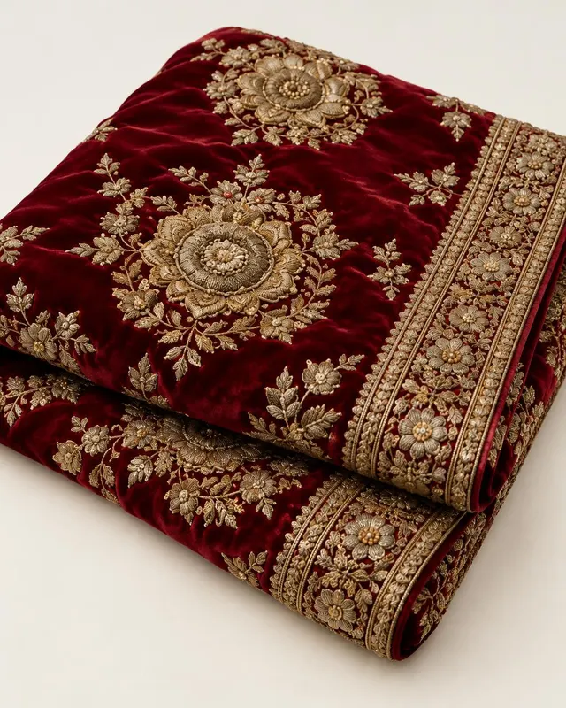 Deep red velvet with antique gold zardozi medallions and embroidered border